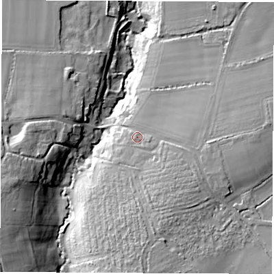 Shaded relief map of the ground around PO304ND, computed from Environment Agency LiDAR. The ground here sits at about 12 m above sea level and falls 23 m across the surrounding 800 m. Surface water reaching this point runs off ground lying to the south-east, 7.0 m higher.