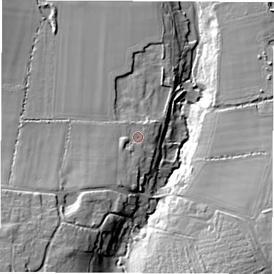 Shaded relief map of the ground around PO304NE, computed from Environment Agency LiDAR. The ground here sits at about 10 m above sea level and falls 25 m across the surrounding 800 m. Surface water reaching this point runs off ground lying to the west-south-west, 2.0 m higher.