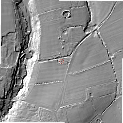 Shaded relief map of the ground around PO304NT, computed from Environment Agency LiDAR. The ground here sits at about 11 m above sea level and falls 19 m across the surrounding 800 m. Surface water reaching this point runs off ground lying to the south-east, 2.6 m higher.