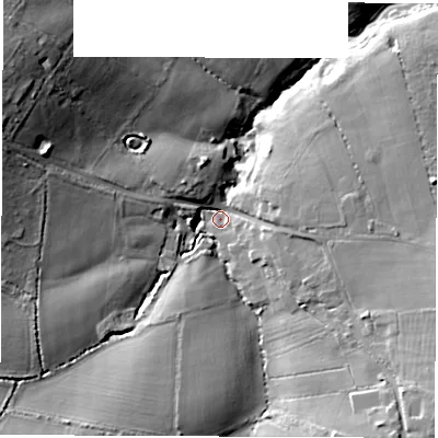Shaded relief map of the ground around PO304NW, computed from Environment Agency LiDAR. The ground here sits at about 5 m above sea level and falls 29 m across the surrounding 800 m. Surface water reaching this point runs off ground lying to the west-north-west, 20.2 m higher.
