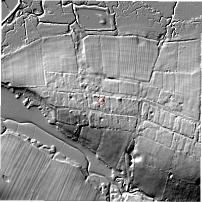 Shaded relief map of the ground around PO304PA, computed from Environment Agency LiDAR. The ground here sits at about 11 m above sea level and falls 18 m across the surrounding 800 m. Surface water reaching this point runs off ground lying to the south-south-east, 3.2 m higher.