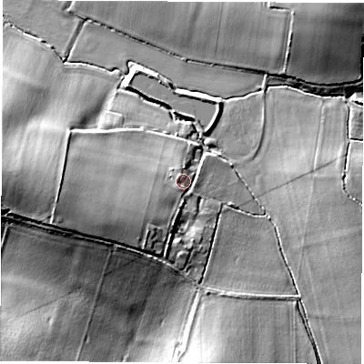 Shaded relief map of the ground around PO304PN, computed from Environment Agency LiDAR. The ground here sits at about 38 m above sea level and falls 19 m across the surrounding 800 m. Surface water reaching this point runs off ground lying to the west-south-west, 7.4 m higher.