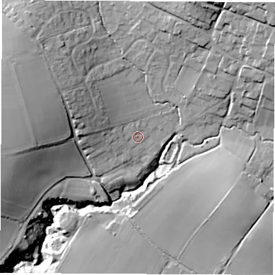 Shaded relief map of the ground around PO304QU, computed from Environment Agency LiDAR. The ground here sits at about 29 m above sea level and falls 38 m across the surrounding 800 m. Surface water reaching this point runs off ground lying to the north-west, 14.9 m higher.
