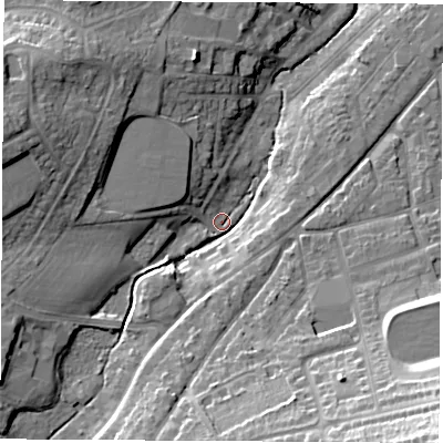 Shaded relief map of the ground around PO305AH, computed from Environment Agency LiDAR. The ground here sits at about 11 m above sea level and falls 32 m across the surrounding 800 m. Surface water reaching this point runs off ground lying to the west-north-west, 17.5 m higher.