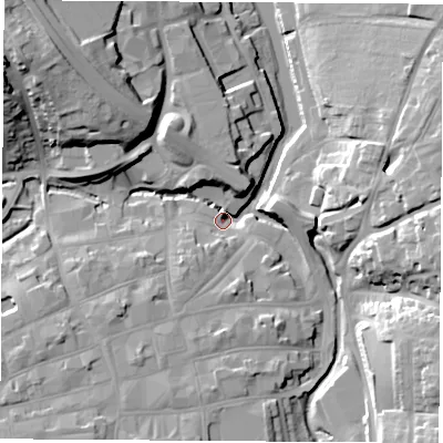 Shaded relief map of the ground around PO305BD, computed from Environment Agency LiDAR. The ground here sits at about 3 m above sea level and falls 28 m across the surrounding 800 m. Surface water reaching this point runs off ground lying to the south-west, 8.5 m higher.