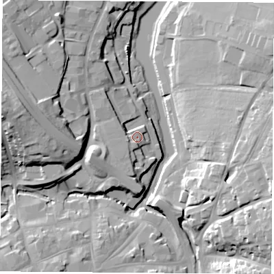 Shaded relief map of the ground around PO305BS, computed from Environment Agency LiDAR. The ground here sits at about 6 m above sea level and falls 26 m across the surrounding 800 m. Surface water reaching this point runs off ground lying to the west-south-west, 5.3 m higher.