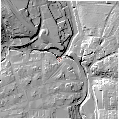Shaded relief map of the ground around PO305BW, computed from Environment Agency LiDAR. The ground here sits at about 1 m above sea level and falls 27 m across the surrounding 800 m. Surface water reaching this point runs off ground lying to the south-west, 8.6 m higher.