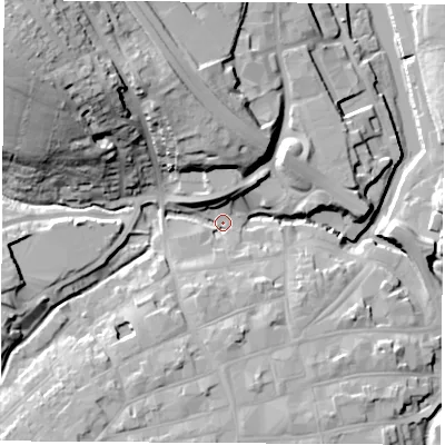 Shaded relief map of the ground around PO305BZ, computed from Environment Agency LiDAR. The ground here sits at about 4 m above sea level and falls 37 m across the surrounding 800 m. Surface water reaching this point runs off ground lying to the north-west, 30.0 m higher.