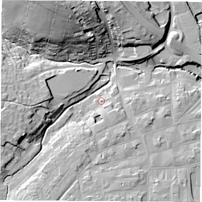 Shaded relief map of the ground around PO305DB, computed from Environment Agency LiDAR. The ground here sits at about 7 m above sea level and falls 34 m across the surrounding 800 m. Surface water reaching this point runs off ground lying to the south, 4.9 m higher.