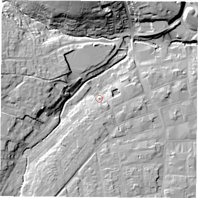 Shaded relief map of the ground around PO305DD, computed from Environment Agency LiDAR. The ground here sits at about 9 m above sea level and falls 25 m across the surrounding 800 m. Surface water reaching this point runs off ground lying to the south, 5.4 m higher.