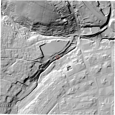 Shaded relief map of the ground around PO305DF, computed from Environment Agency LiDAR. The ground here sits at about 7 m above sea level and falls 33 m across the surrounding 800 m. Surface water reaching this point runs off ground lying to the west, 15.3 m higher.