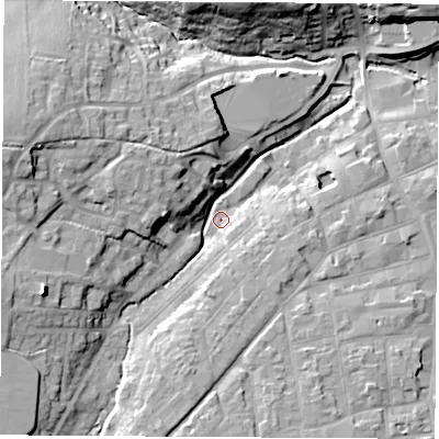 Shaded relief map of the ground around PO305DL, computed from Environment Agency LiDAR. The ground here sits at about 7 m above sea level and falls 20 m across the surrounding 800 m. Surface water reaching this point runs off ground lying to the west-north-west, 15.6 m higher.