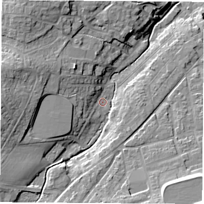 Shaded relief map of the ground around PO305DX, computed from Environment Agency LiDAR. The ground here sits at about 10 m above sea level and falls 20 m across the surrounding 800 m. Surface water reaching this point runs off ground lying to the west, 14.6 m higher.
