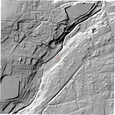 Shaded relief map of the ground around PO305EA, computed from Environment Agency LiDAR. The ground here sits at about 10 m above sea level and falls 19 m across the surrounding 800 m. Surface water reaching this point runs off ground lying to the west, 12.7 m higher.