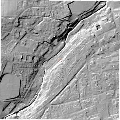 Shaded relief map of the ground around PO305EB, computed from Environment Agency LiDAR. The ground here sits at about 10 m above sea level and falls 19 m across the surrounding 800 m. Surface water reaching this point runs off ground lying to the south-south-east, 3.7 m higher.