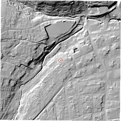Shaded relief map of the ground around PO305EH, computed from Environment Agency LiDAR. The ground here sits at about 10 m above sea level and falls 20 m across the surrounding 800 m. Surface water reaching this point runs off ground lying to the south-south-east, 4.2 m higher.