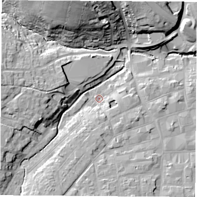 Shaded relief map of the ground around PO305GA, computed from Environment Agency LiDAR. The ground here sits at about 6 m above sea level and falls 29 m across the surrounding 800 m. Surface water reaching this point runs off ground lying to the south, 6.2 m higher.