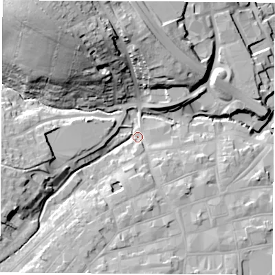 Shaded relief map of the ground around PO305HH, computed from Environment Agency LiDAR. The ground here sits at about 5 m above sea level and falls 37 m across the surrounding 800 m. Surface water reaching this point runs off ground lying to the north-west, 31.6 m higher.