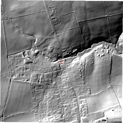 Shaded relief map of the ground around PO305LU, computed from Environment Agency LiDAR. The ground here sits at about 18 m above sea level and falls 28 m across the surrounding 800 m. Surface water reaching this point runs off ground lying to the north-north-east, 17.7 m higher.