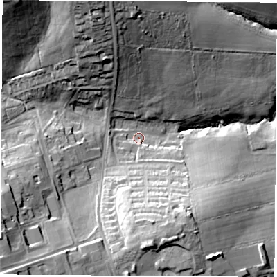 Shaded relief map of the ground around PO305NT, computed from Environment Agency LiDAR. The ground here sits at about 13 m above sea level and falls 39 m across the surrounding 800 m. Surface water reaching this point runs off ground lying to the north-west, 32.0 m higher.
