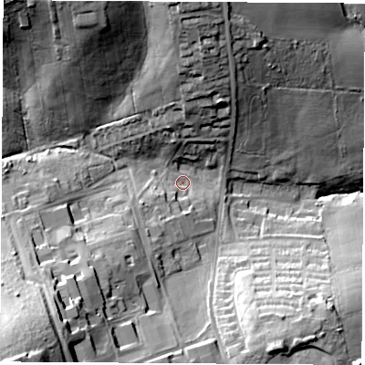 Shaded relief map of the ground around PO305PS, computed from Environment Agency LiDAR. The ground here sits at about 16 m above sea level and falls 44 m across the surrounding 800 m. Surface water reaching this point runs off ground lying to the south-west, 36.4 m higher.