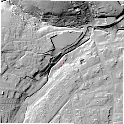 Shaded relief map of the ground around PO305PW, computed from Environment Agency LiDAR. The ground here sits at about 7 m above sea level and falls 27 m across the surrounding 800 m. Surface water reaching this point runs off ground lying to the west, 15.7 m higher.