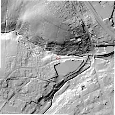 Shaded relief map of the ground around PO305QR, computed from Environment Agency LiDAR. The ground here sits at about 8 m above sea level and falls 34 m across the surrounding 800 m. Surface water reaching this point runs off ground lying to the north, 32.9 m higher.
