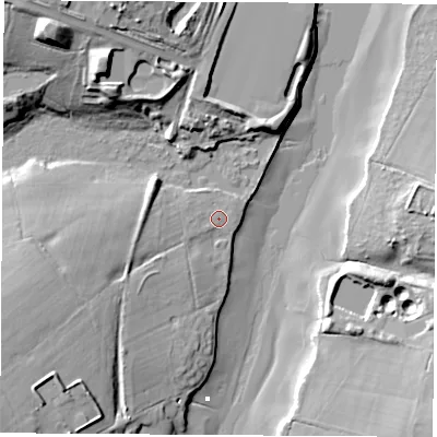 Shaded relief map of the ground around PO305TF, computed from Environment Agency LiDAR. The ground here sits at about 3 m above sea level and falls 25 m across the surrounding 800 m. Surface water reaching this point runs off ground lying to the west-south-west, 1.7 m higher.