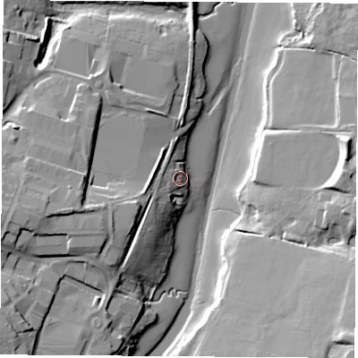 Shaded relief map of the ground around PO305XH, computed from Environment Agency LiDAR. The ground here sits at about 5 m above sea level and falls 20 m across the surrounding 800 m. Surface water reaching this point runs off ground lying to the south-west, 11.4 m higher.
