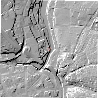 Shaded relief map of the ground around PO305XT, computed from Environment Agency LiDAR. The ground here sits at about 3 m above sea level and falls 24 m across the surrounding 800 m. Surface water reaching this point runs off ground lying to the west-north-west, 23.5 m higher.