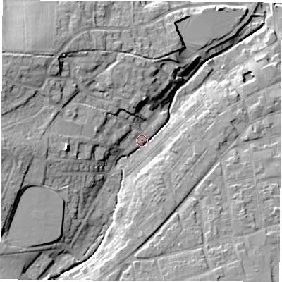 Shaded relief map of the ground around PO305ZF, computed from Environment Agency LiDAR. The ground here sits at about 10 m above sea level and falls 20 m across the surrounding 800 m. Surface water reaching this point runs off ground lying to the west, 14.1 m higher.
