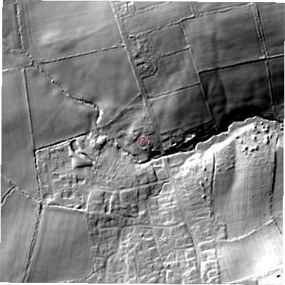 Shaded relief map of the ground around PO305ZL, computed from Environment Agency LiDAR. The ground here sits at about 21 m above sea level and falls 23 m across the surrounding 800 m. Surface water reaching this point runs off ground lying to the north-north-east, 4.7 m higher.