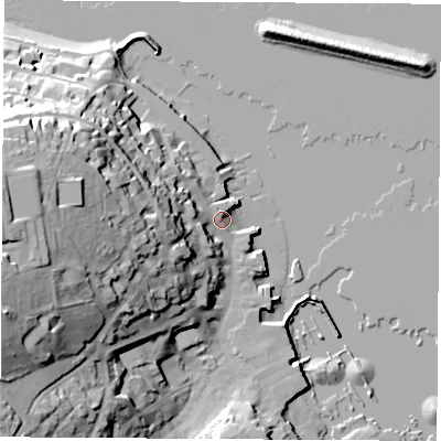 Shaded relief map of the ground around PO317AJ, computed from Environment Agency LiDAR. The ground here sits at about 4 m above sea level and falls 41 m across the surrounding 800 m. Surface water reaching this point runs off ground lying to the west, 34.4 m higher.