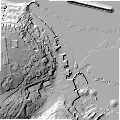 Shaded relief map of the ground around PO317AN, computed from Environment Agency LiDAR. The ground here sits at about 2 m above sea level and falls 38 m across the surrounding 800 m. Surface water reaching this point runs off ground lying to the west, 33.5 m higher.