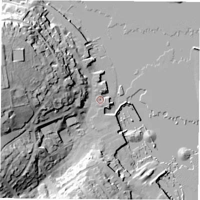 Shaded relief map of the ground around PO317AR, computed from Environment Agency LiDAR. The ground here sits at about 2 m above sea level and falls 38 m across the surrounding 800 m. Surface water reaching this point runs off ground lying to the west, 32.8 m higher.