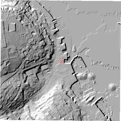 Shaded relief map of the ground around PO317AS, computed from Environment Agency LiDAR. The ground here sits at about 3 m above sea level and falls 38 m across the surrounding 800 m. Surface water reaching this point runs off ground lying to the west-north-west, 32.8 m higher.