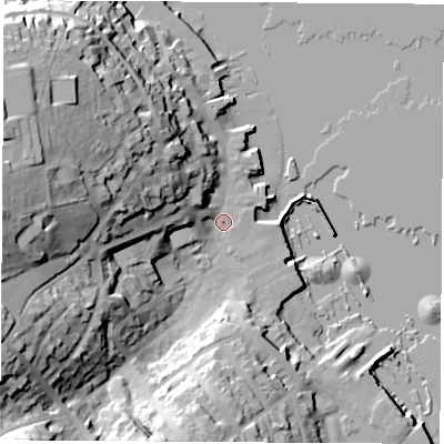 Shaded relief map of the ground around PO317AT, computed from Environment Agency LiDAR. The ground here sits at about 2 m above sea level and falls 39 m across the surrounding 800 m. Surface water reaching this point runs off ground lying to the west, 34.6 m higher.