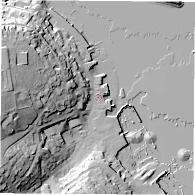 Shaded relief map of the ground around PO317AW, computed from Environment Agency LiDAR. The ground here sits at about 3 m above sea level and falls 38 m across the surrounding 800 m. Surface water reaching this point runs off ground lying to the west, 33.1 m higher.