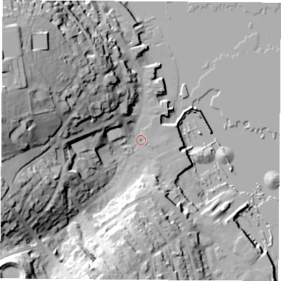 Shaded relief map of the ground around PO317AX, computed from Environment Agency LiDAR. The ground here sits at about 2 m above sea level and falls 39 m across the surrounding 800 m. Surface water reaching this point runs off ground lying to the west-north-west, 34.3 m higher.