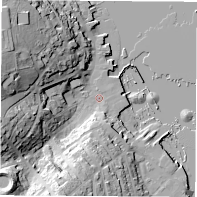 Shaded relief map of the ground around PO317AY, computed from Environment Agency LiDAR. The ground here sits at about 2 m above sea level and falls 38 m across the surrounding 800 m. Surface water reaching this point runs off ground lying to the west-north-west, 31.8 m higher.