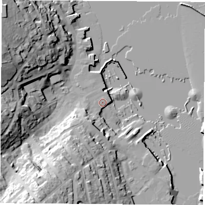 Shaded relief map of the ground around PO317BD, computed from Environment Agency LiDAR. The ground here sits at about 3 m above sea level and falls 35 m across the surrounding 800 m. Surface water reaching this point runs off ground lying to the south-south-west, 4.7 m higher.