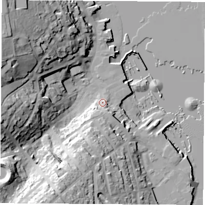 Shaded relief map of the ground around PO317BE, computed from Environment Agency LiDAR. The ground here sits at about 5 m above sea level and falls 38 m across the surrounding 800 m. Surface water reaching this point runs off ground lying to the south-south-west, 7.6 m higher.