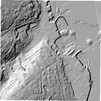 Shaded relief map of the ground around PO317BH, computed from Environment Agency LiDAR. The ground here sits at about 8 m above sea level and falls 43 m across the surrounding 800 m. Surface water reaching this point runs off ground lying to the south-west, 13.7 m higher.