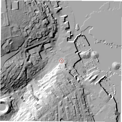 Shaded relief map of the ground around PO317BQ, computed from Environment Agency LiDAR. The ground here sits at about 3 m above sea level and falls 38 m across the surrounding 800 m. Surface water reaching this point runs off ground lying to the south-south-west, 8.3 m higher.