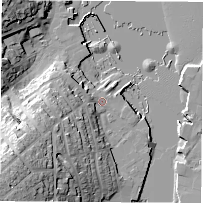 Shaded relief map of the ground around PO317BU, computed from Environment Agency LiDAR. The ground here sits at about 3 m above sea level and falls 44 m across the surrounding 800 m. Surface water reaching this point runs off ground lying to the south-west, 35.6 m higher.