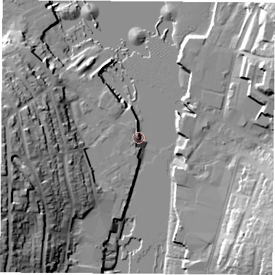 Shaded relief map of the ground around PO317BX, computed from Environment Agency LiDAR. The ground here sits at about 2 m above sea level and falls 29 m across the surrounding 800 m. Surface water reaching this point runs off ground lying to the west-south-west, 27.0 m higher.