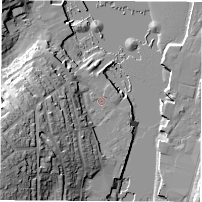 Shaded relief map of the ground around PO317DA, computed from Environment Agency LiDAR. The ground here sits at about 2 m above sea level and falls 41 m across the surrounding 800 m. Surface water reaching this point runs off ground lying to the west-south-west, 30.1 m higher.