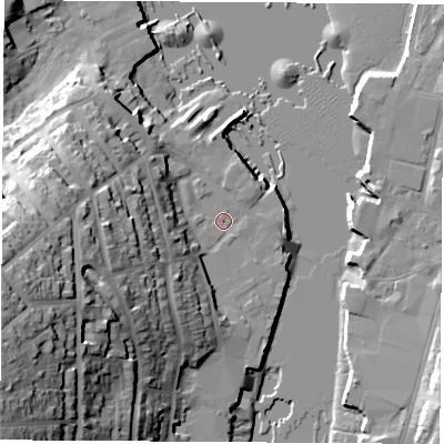 Shaded relief map of the ground around PO317DD, computed from Environment Agency LiDAR. The ground here sits at about 2 m above sea level and falls 41 m across the surrounding 800 m. Surface water reaching this point runs off ground lying to the west-south-west, 28.2 m higher.