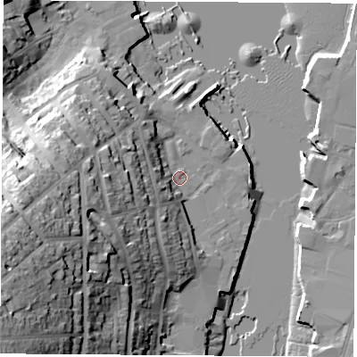 Shaded relief map of the ground around PO317DF, computed from Environment Agency LiDAR. The ground here sits at about 3 m above sea level and falls 45 m across the surrounding 800 m. Surface water reaching this point runs off ground lying to the west-south-west, 16.3 m higher.