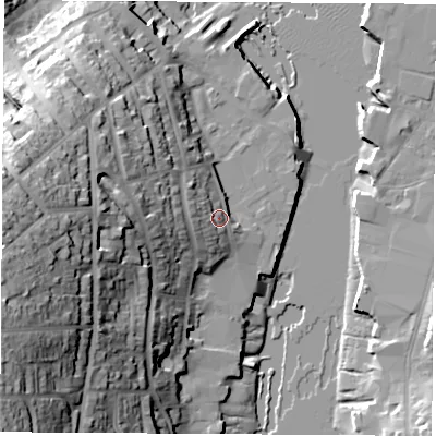 Shaded relief map of the ground around PO317DJ, computed from Environment Agency LiDAR. The ground here sits at about 6 m above sea level and falls 46 m across the surrounding 800 m. Surface water reaching this point runs off ground lying to the west, 5.4 m higher.